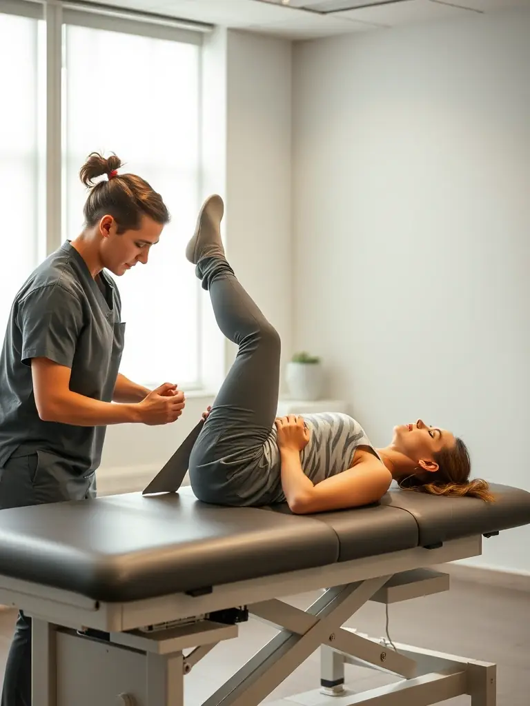 A physiotherapist demonstrating a core strengthening exercise to a patient, emphasizing the importance of core stability in rehabilitation.