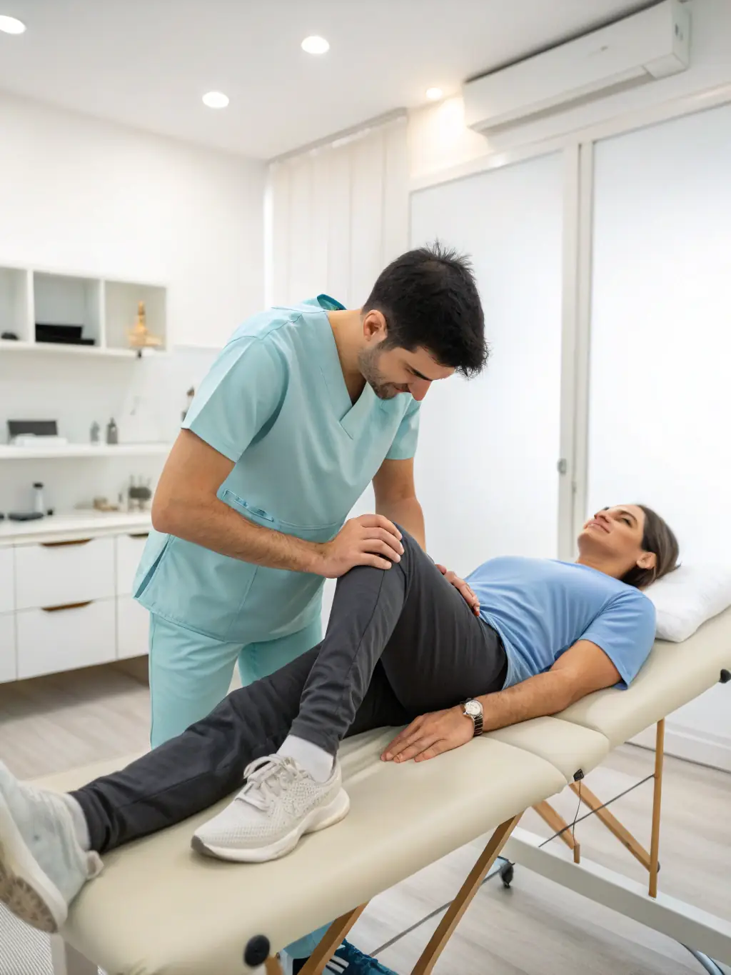 A physiotherapist providing hands-on treatment to a patient, focusing on pain management and muscle relaxation.