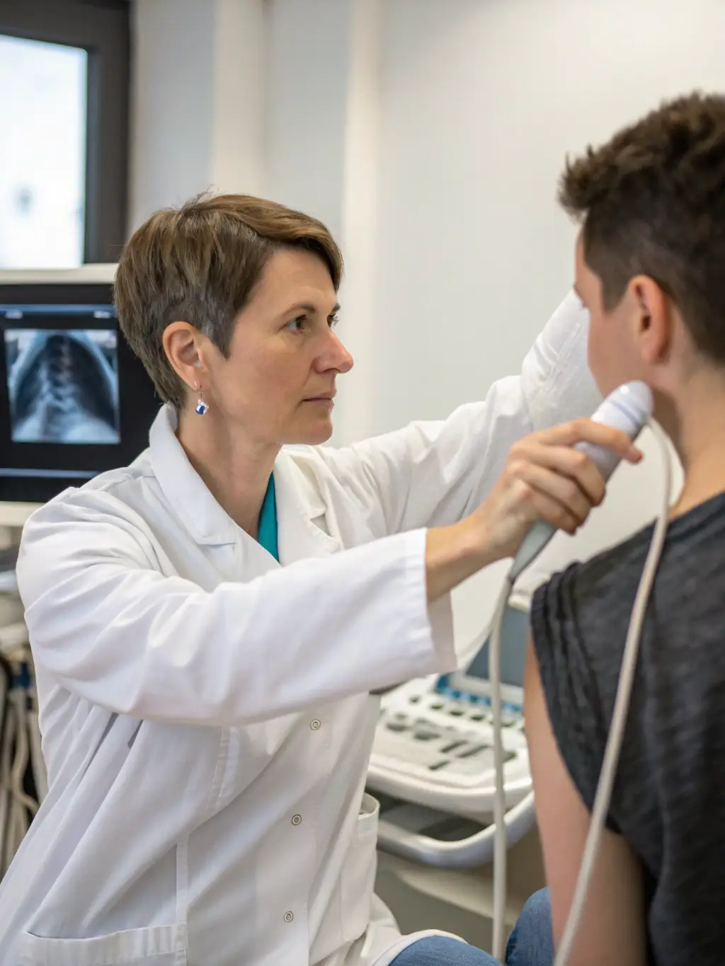 A physiotherapist using ultrasound therapy on a patient's shoulder, highlighting the use of modern technology in treatment.