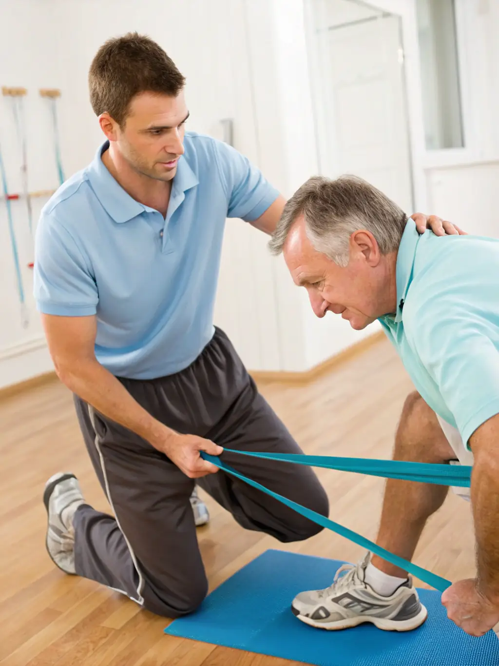 A patient performing a leg press exercise with guidance from a physiotherapist, focusing on building strength and endurance after surgery.