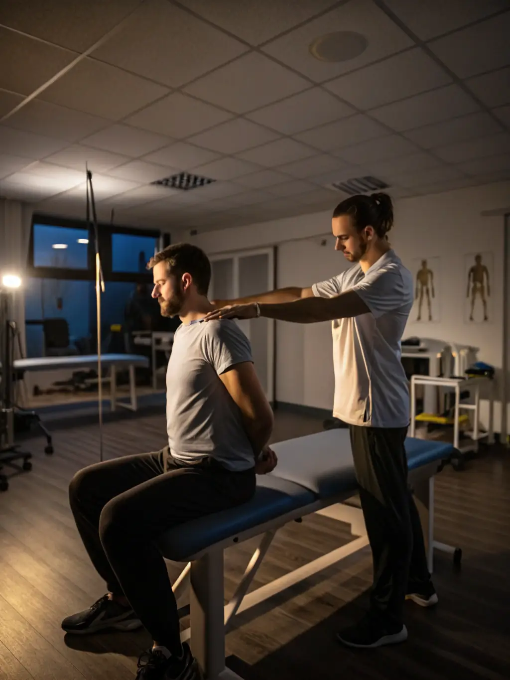 A physiotherapist demonstrating a shoulder mobilization technique on a patient in a well-lit clinic setting, focusing on restoring range of motion.